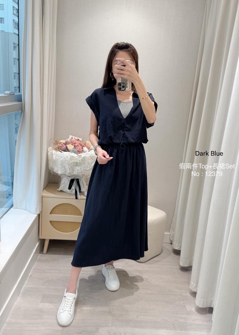 #12379  假兩件Top+長裙Set(只有藍色有貨)