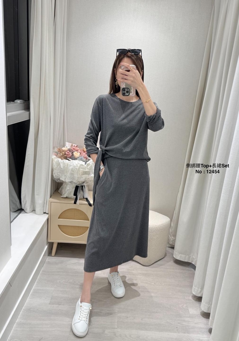 #12454 側綁腰Top+長裙Set