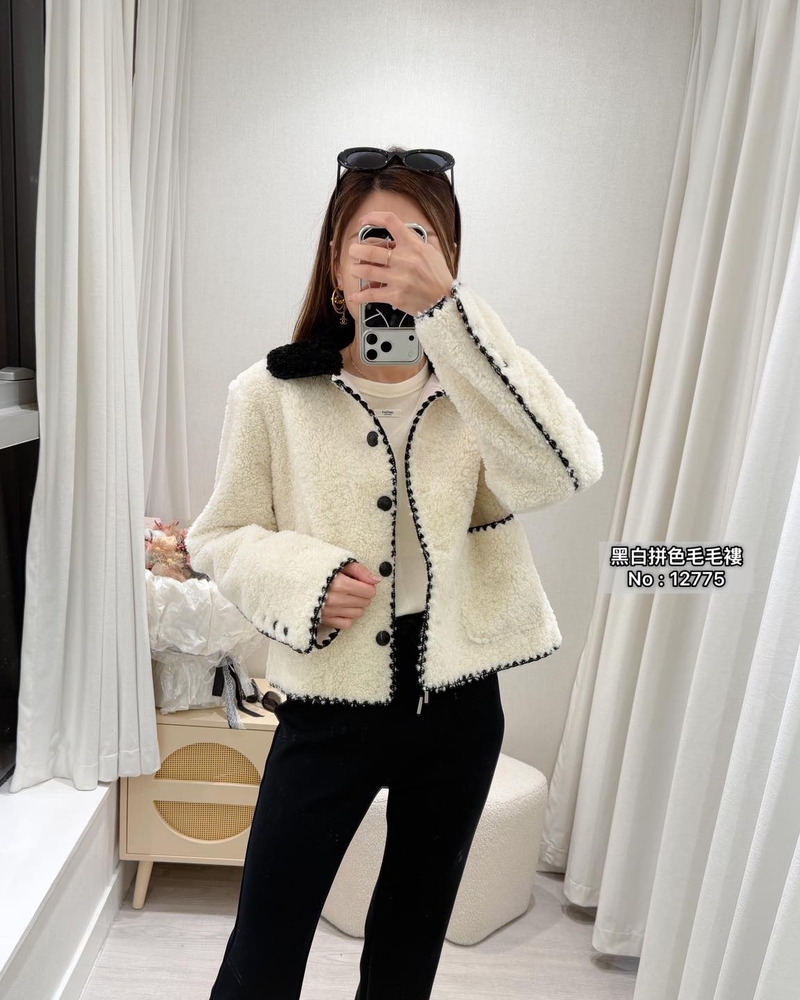 #12775 黑白拼色毛毛褸