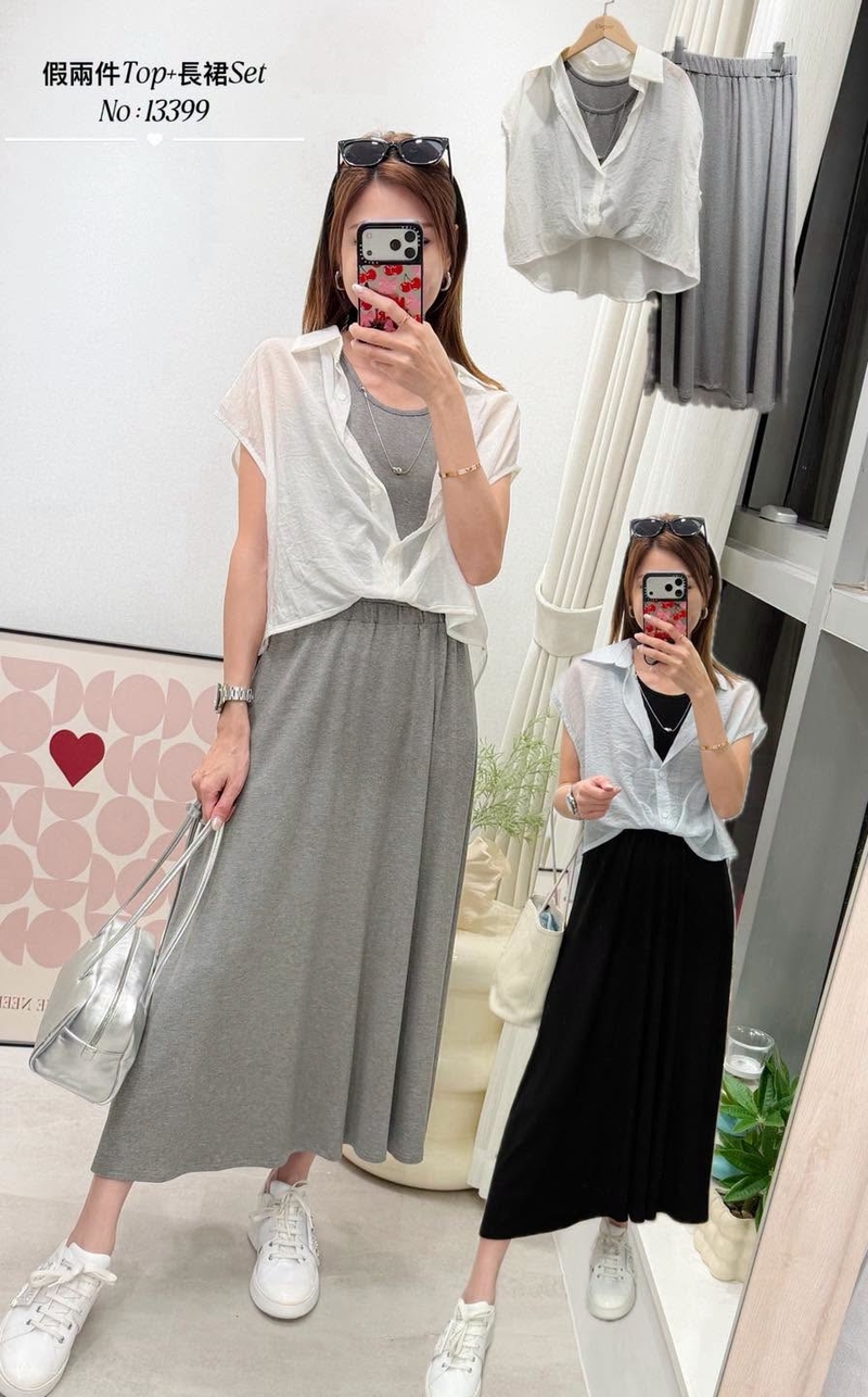 #13399 假兩件Top+長裙Set