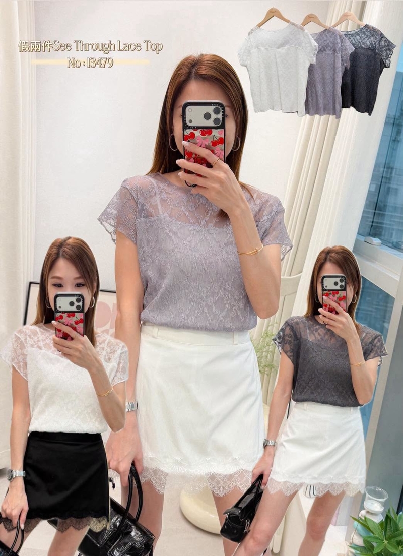#13479  假兩件See Through Lace Top